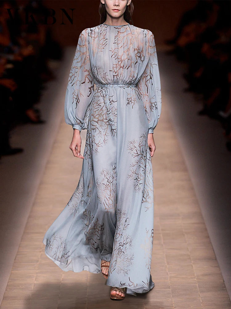 Robe d'été élégante pour femme, tenue de soirée élégante, taille haute, manches lanternes, bleu, imprimé