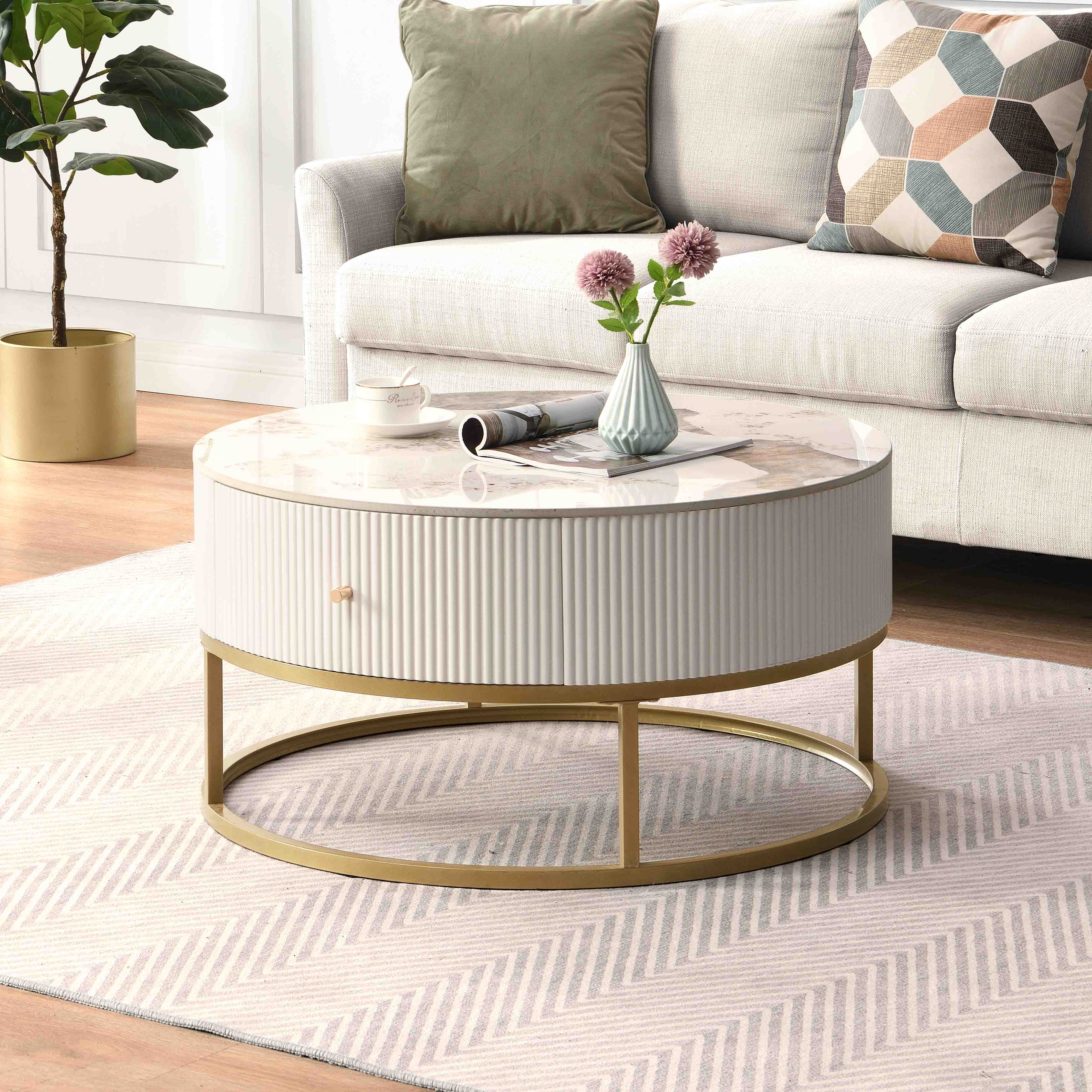 Table basse ronde moderne de 31,5 pouces avec tiroirs, table en marbre avec rangement, table basse de salon