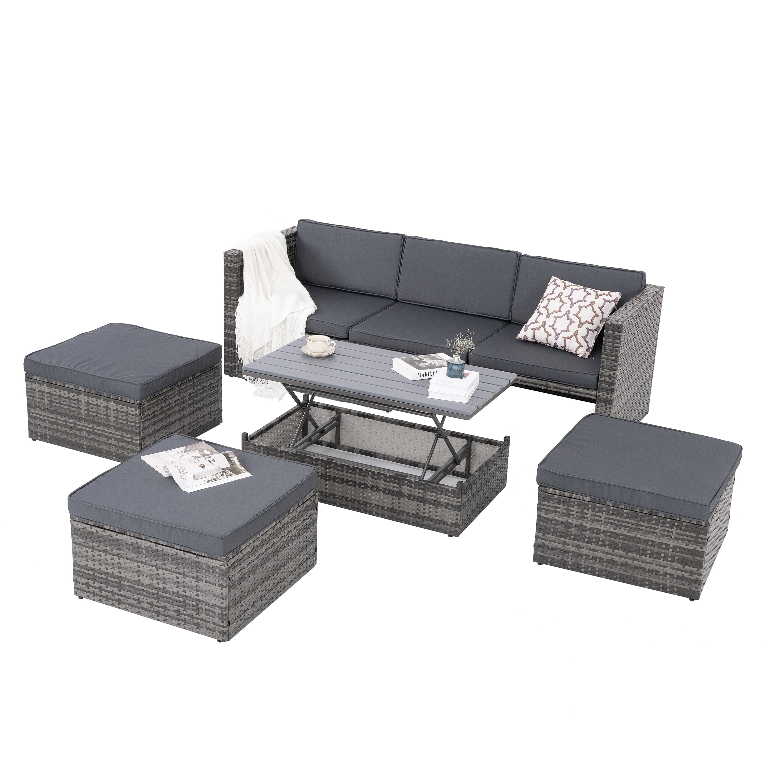 Mobilier de jardin, mobilier d'extérieur, mobilier saisonnier en osier PE, ensemble de 5 meubles en osier avec table basse en contreplaqué