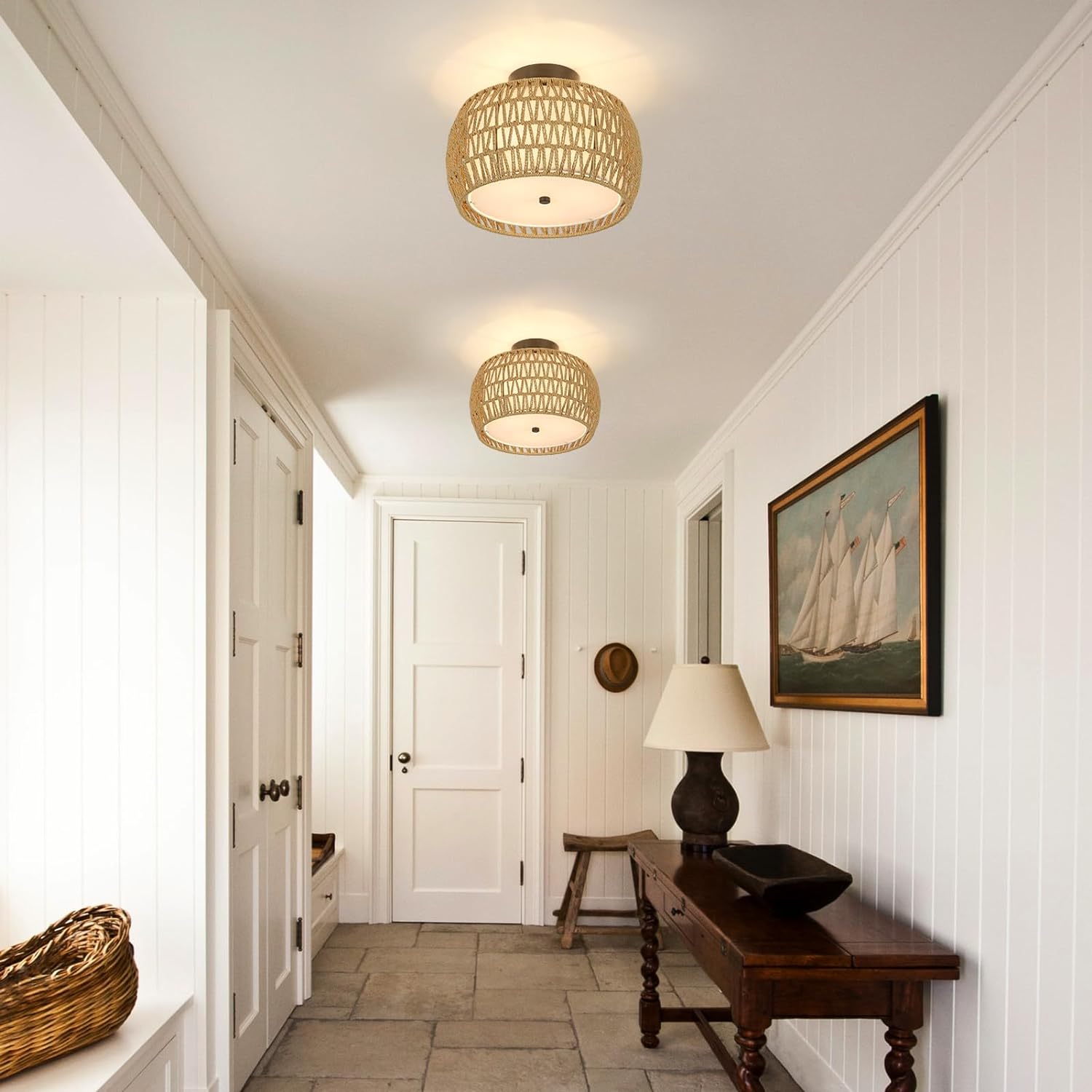 Plafonnier Boho, semi-encastré en rotin, luminaire de style campagnard avec abat-jour en tissu