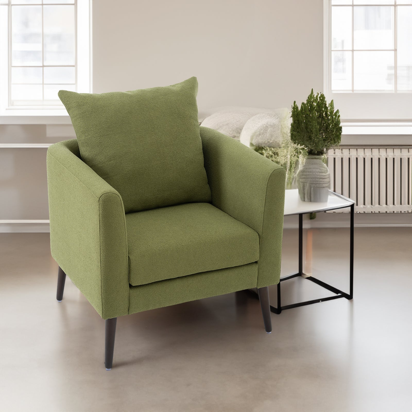 Chaise tonneau, chaise de style moderne, fauteuil en tissu, fauteuil club, fauteuil avec coussin de jambe en bois massif, coussin de taille vert olive