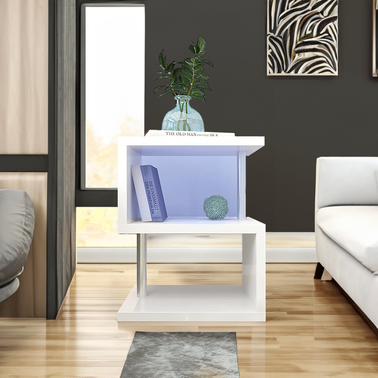 3-layer S-shaped coffee table, high gloss side table with open storage rack and USB power supply, white LED coffee table