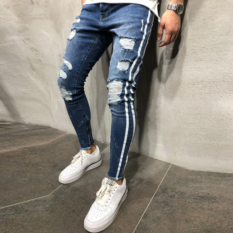 Jean déchiré à rayures latérales, mode streetwear, pantalon skinny extensible pour homme, slim, décontracté, en denim