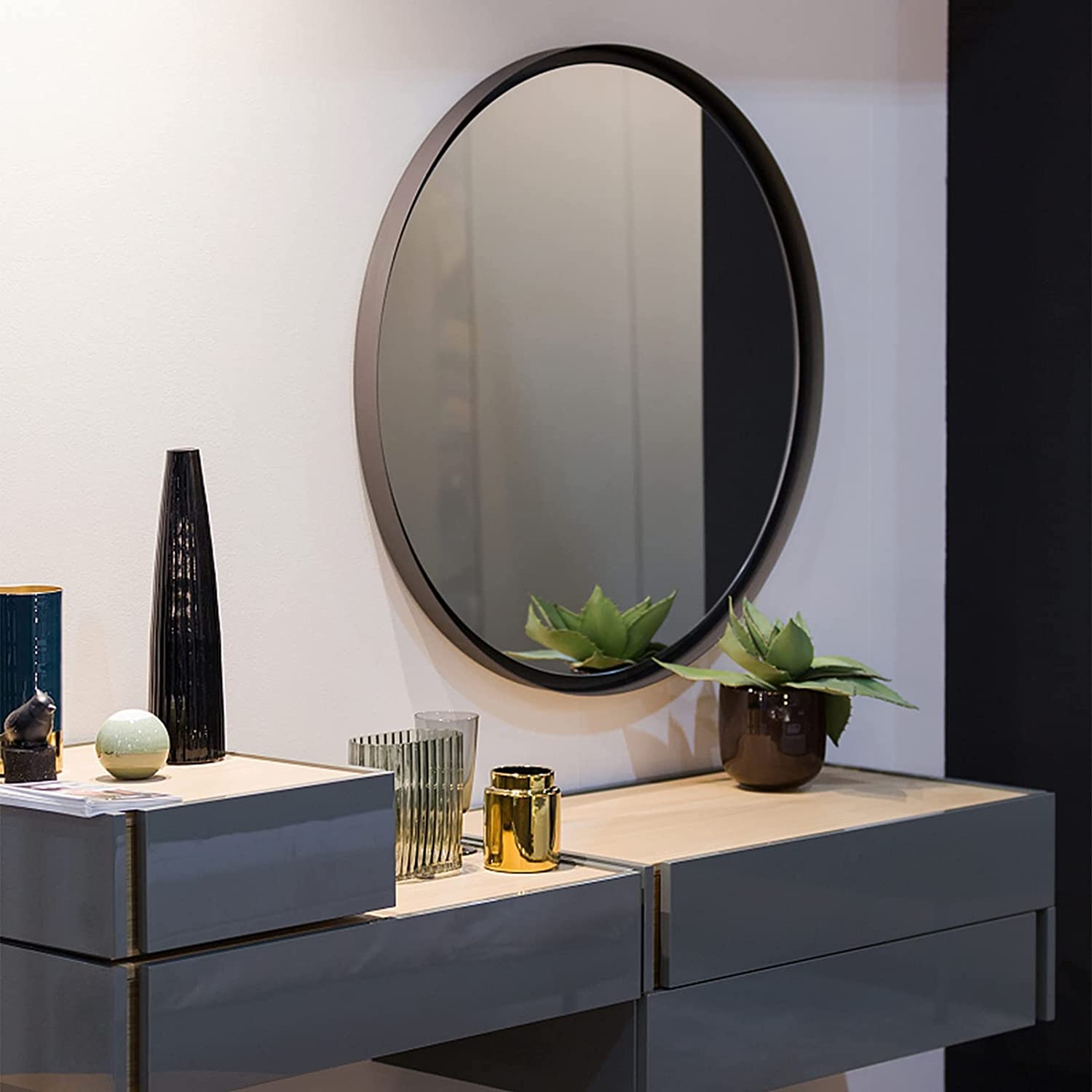Miroir de salle de bain rond en métal noir de 24 pouces