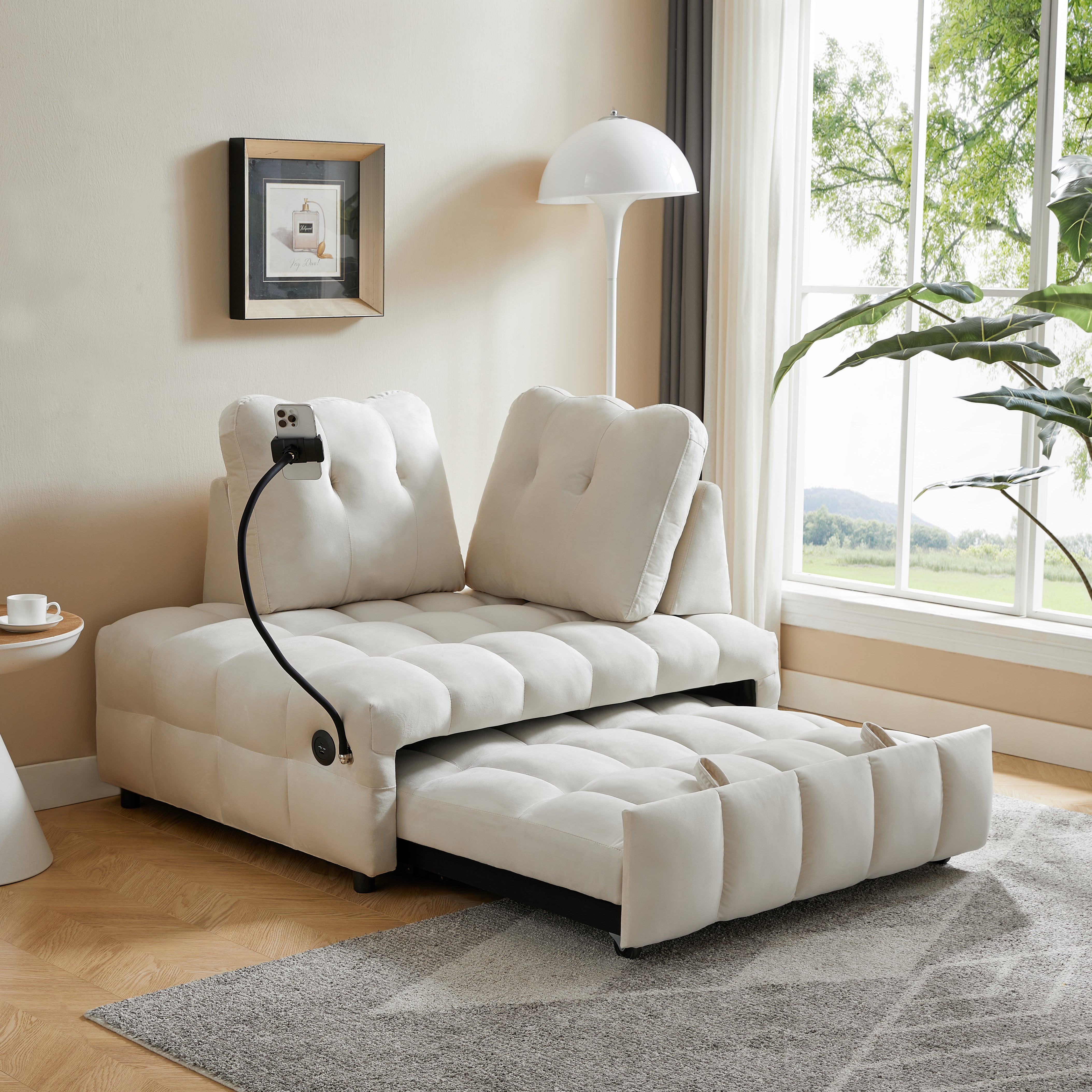 Canapé-lit gigogne moderne en velours, dossier amovible indépendamment, avec port USB et support de téléphone pivotant, beige