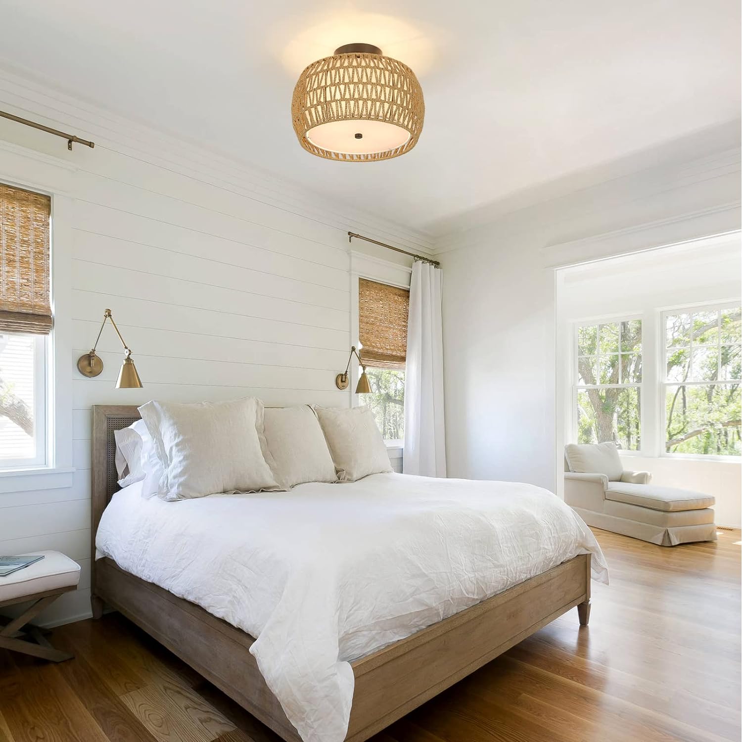 Plafonnier Boho, semi-encastré en rotin, luminaire de style campagnard avec abat-jour en tissu