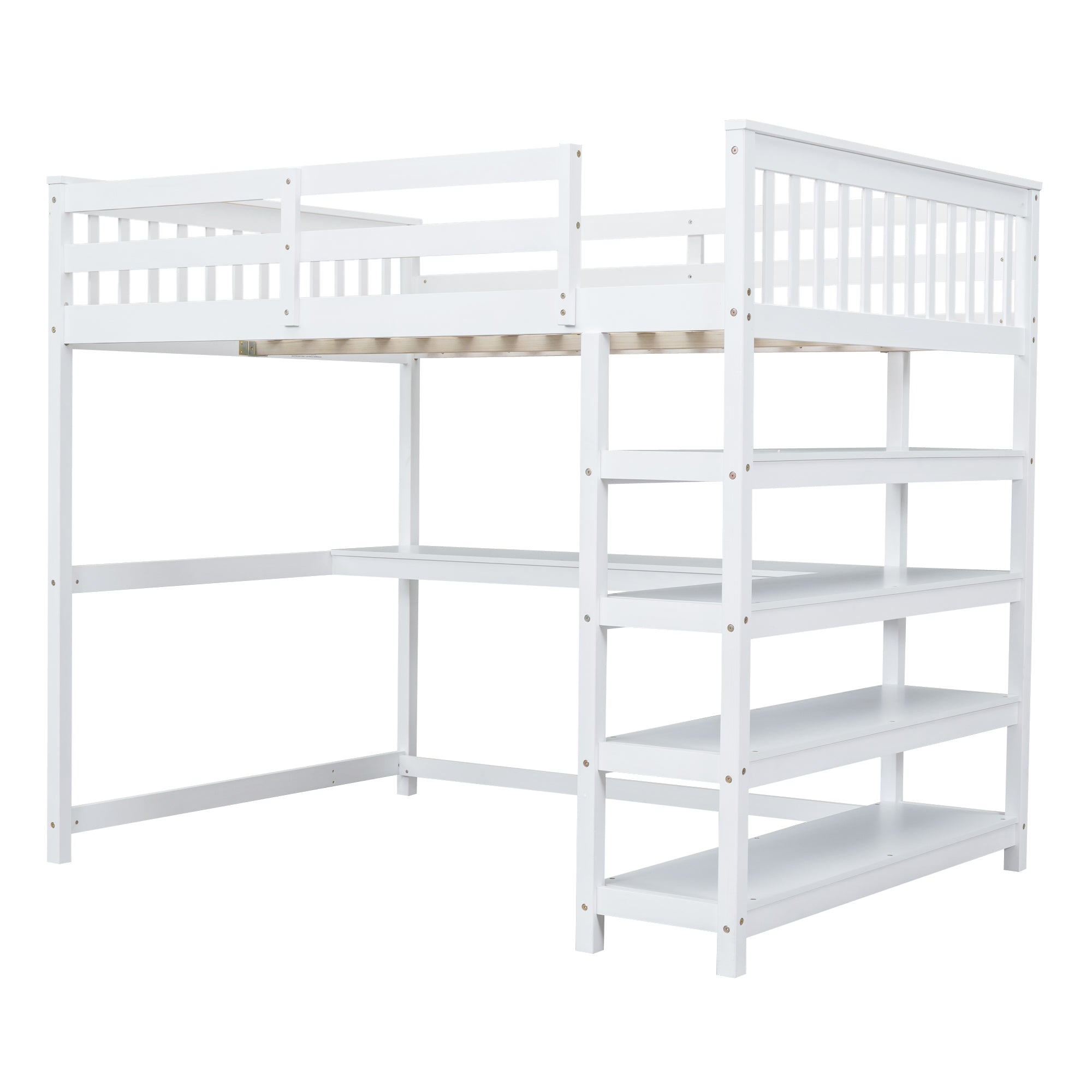 Full Size Loft Bed with Storage Shelves and Under-bed Desk White