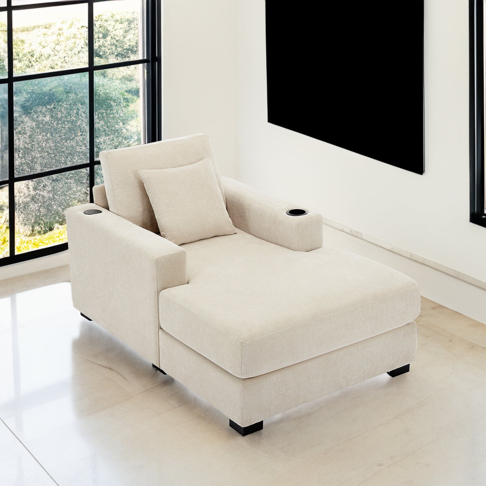 Canapé-lit surdimensionné de 100 cm, style moderne, avec coussins, station de charge et porte-gobelets, tissu chenille, couleur crème