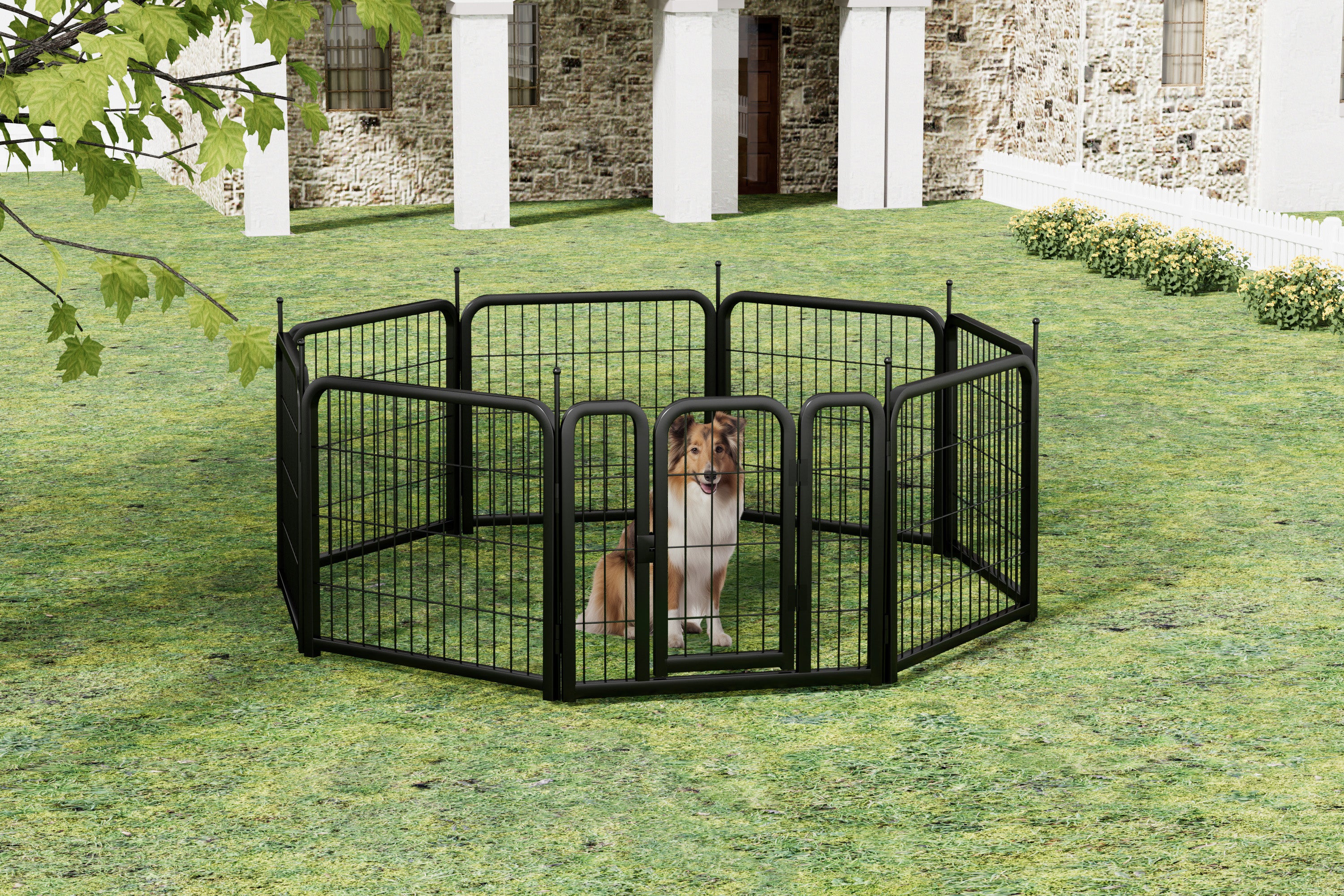 Clôture d'extérieur pour chien, 8 panneaux. Clôture portable pour animaux de compagnie de 79 cm de long. Noire, 67 cm de large x 80 cm de haut.