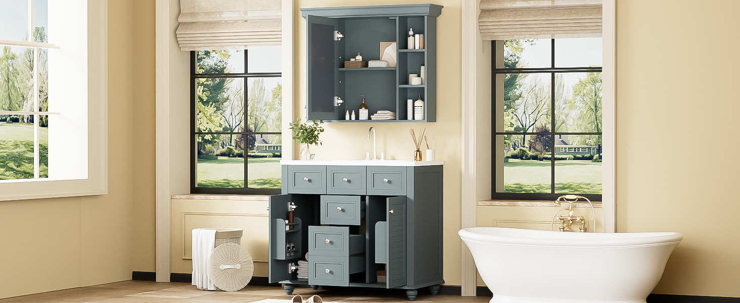 Armoire à miroir moderne de 36 pouces avec étagères réglables, 2 portes à fermeture douce et 6 organisateurs de portes d'armoire de rangement à tiroirs