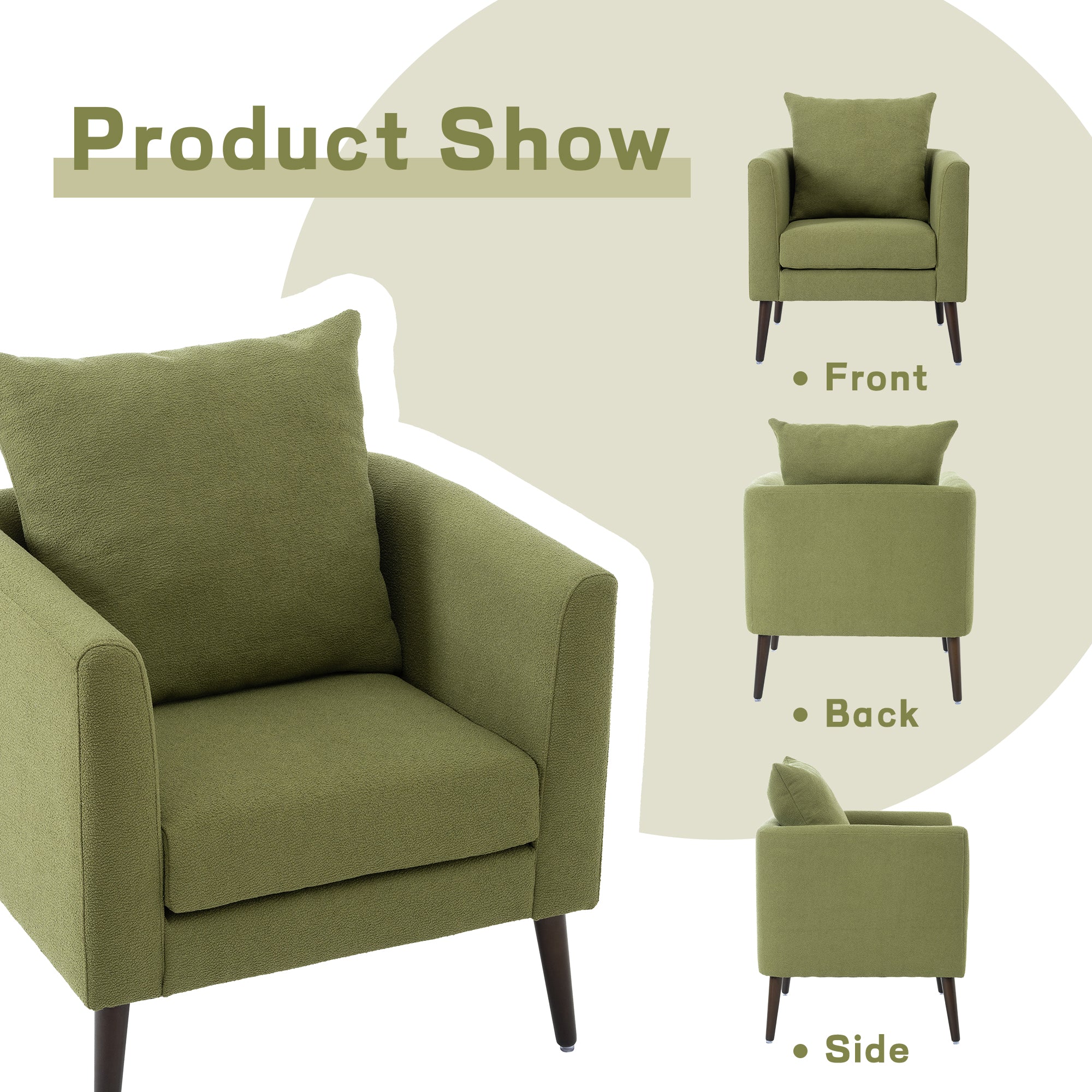 Chaise tonneau, chaise de style moderne, fauteuil en tissu, fauteuil club, fauteuil avec coussin de jambe en bois massif, coussin de taille vert olive