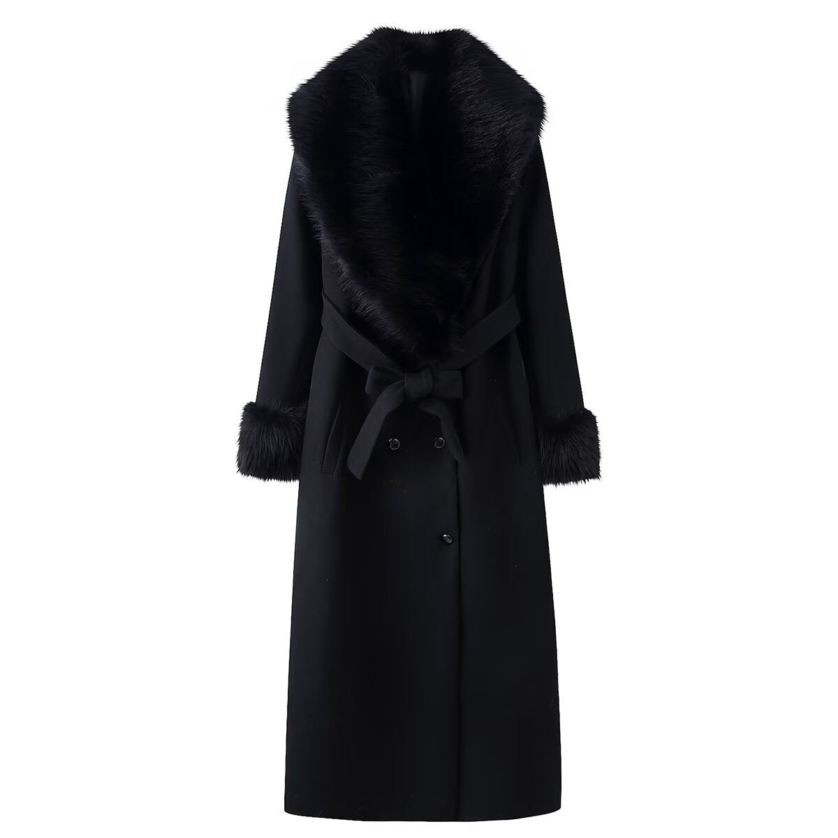 Collar breasted woolen collar long coat
