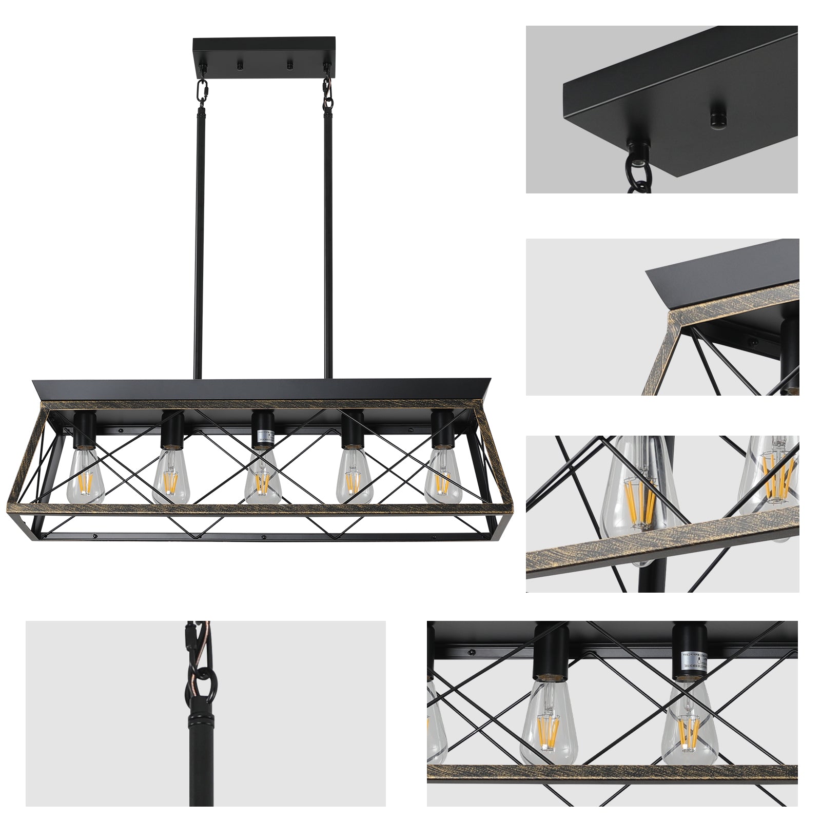 Lustre de ferme à 5 lumières pour salle à manger, suspension rustique en métal, éclairage d'îlot rectangulaire moderne (sans ampoules)