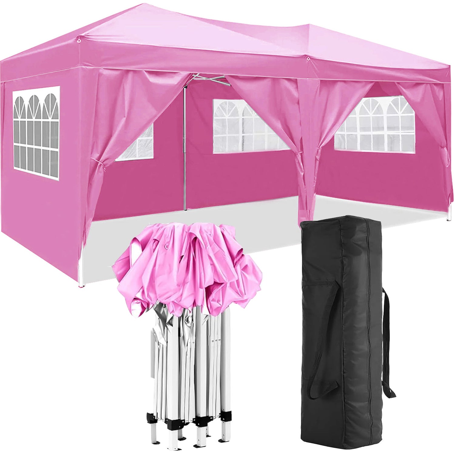 Auvent pliable de 10'x20' avec 6 abris d'activités extérieurs à parois latérales amovibles, tente portative de terrasse UPF 50+ (rose)