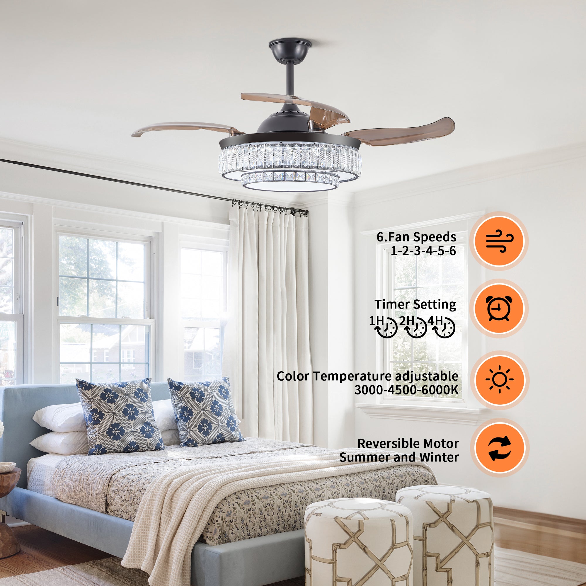Ventilateur de plafond rétractable LED moderne avec éclairage et télécommande, moteur réversible silencieux, ventilateur de plafond moderne à 4 pales