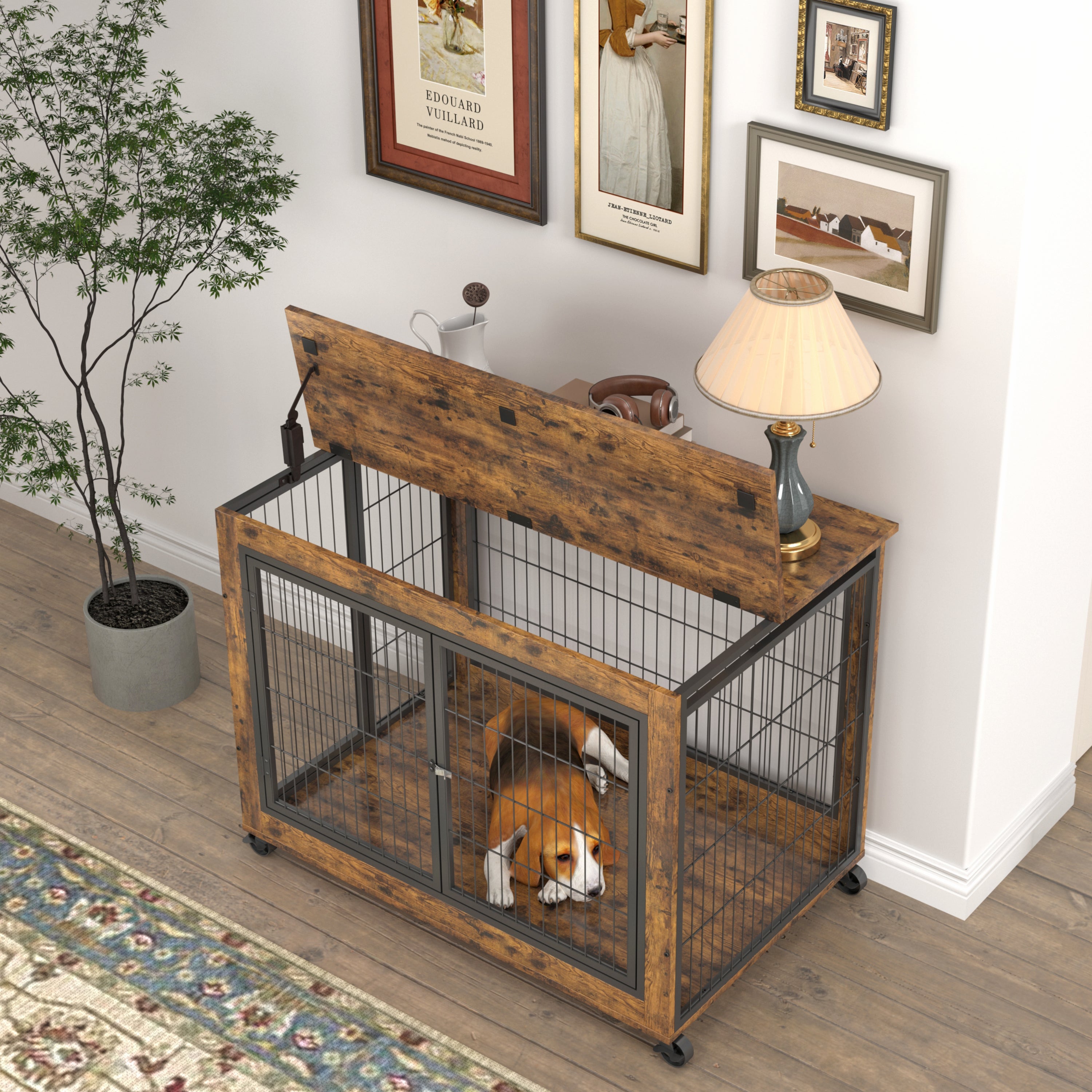 Cage pour chien avec portes doubles, brun rustique, 98 cm de largeur x 64 cm de profondeur x 69 cm de hauteur