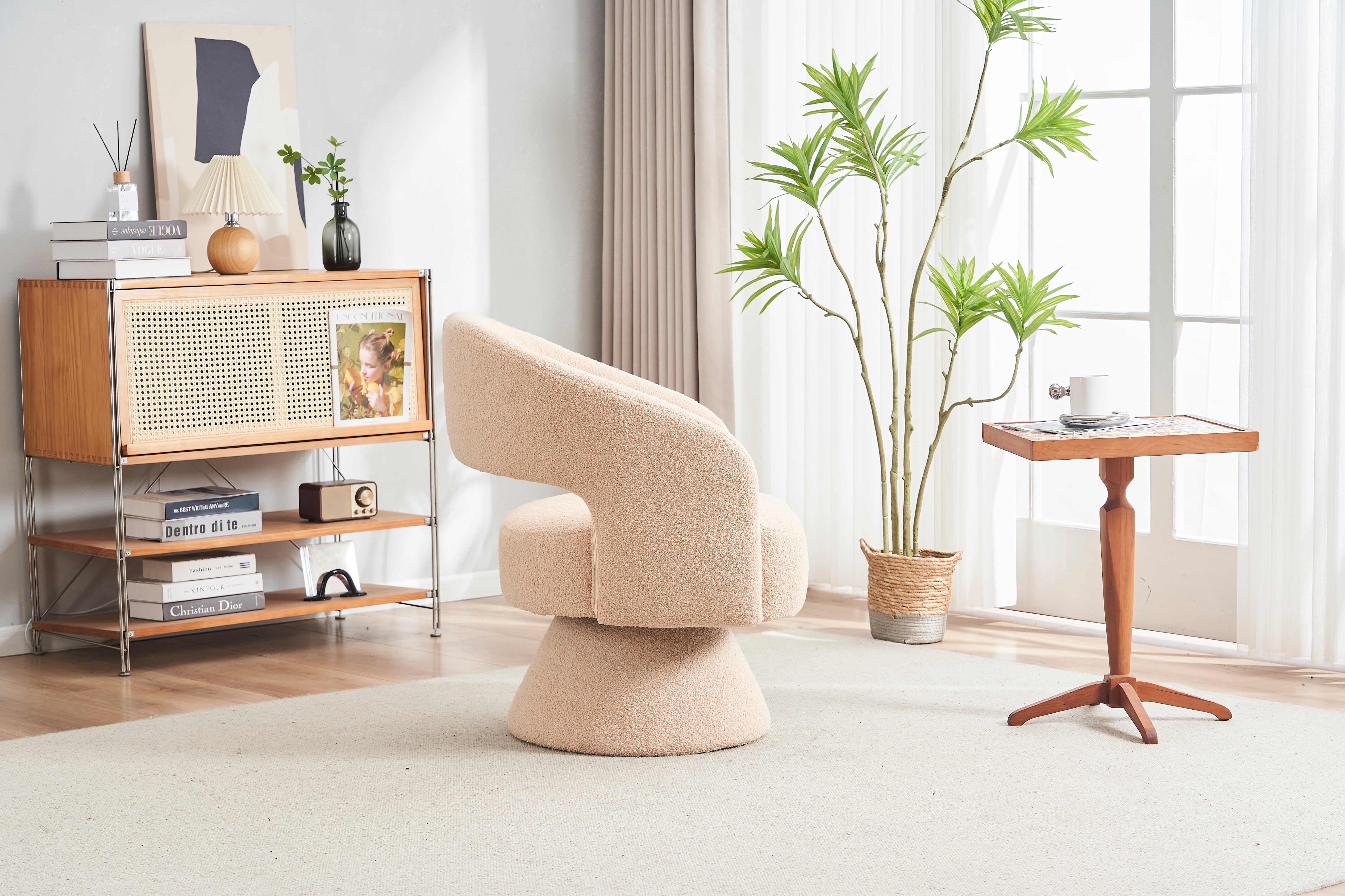 Swivel Accent Chair Armchair Round Barrel Chair in Fabric for Living Room Bedroom Nude Teddy