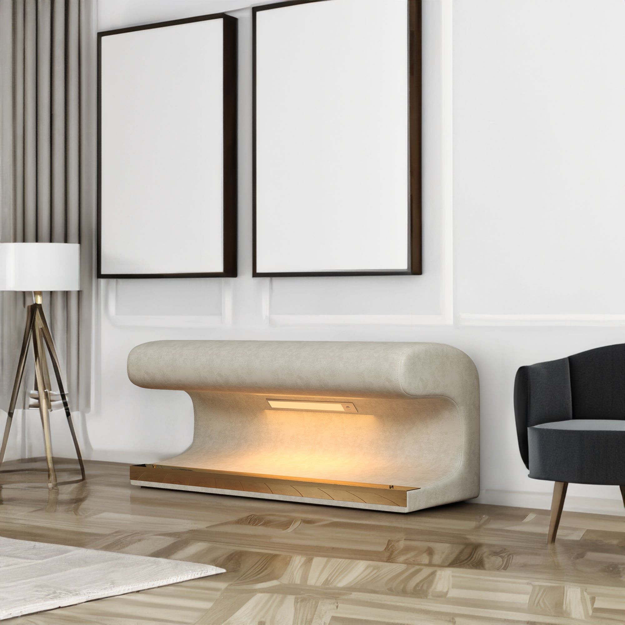 Banc d'entrée ottoman rembourré en cuir avec lumière à capteur LED pour salon, chambre, bout de lit, beige