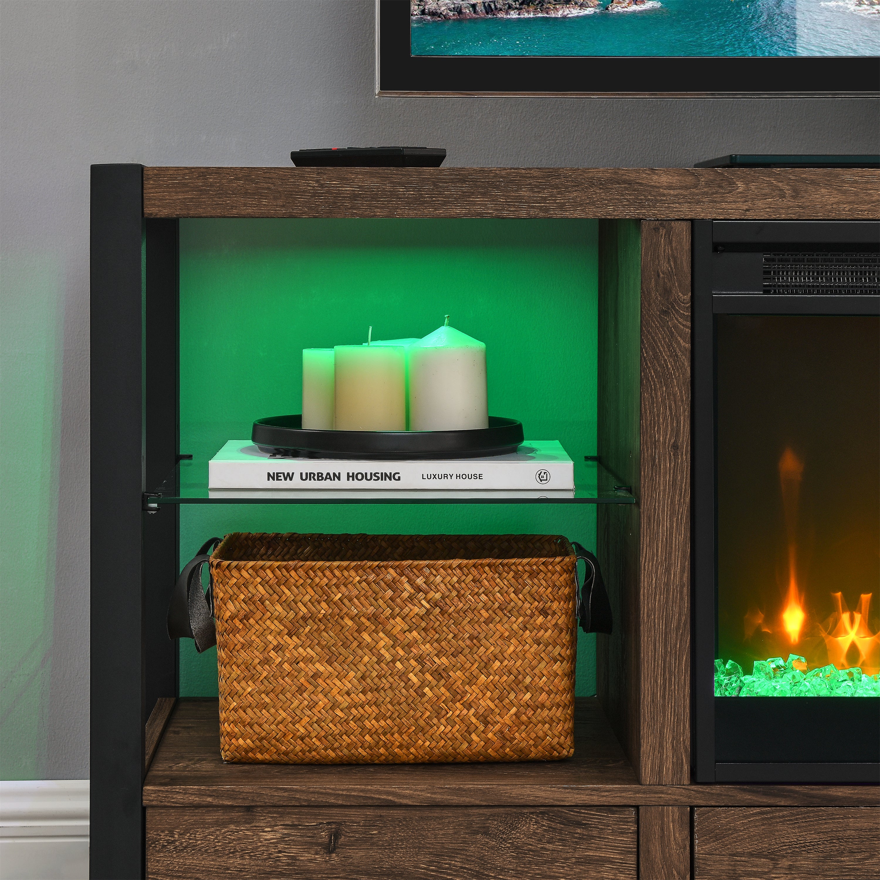 Meuble TV multimédia avec foyer électrique de 60 pouces et lumières LED colorées synchronisées - Couleur bois de grange recyclé