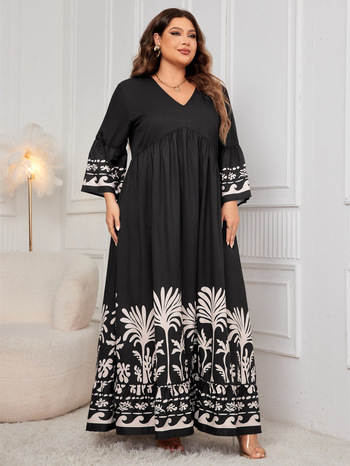 Robe longue imprimée grande taille à col en V et manches longues