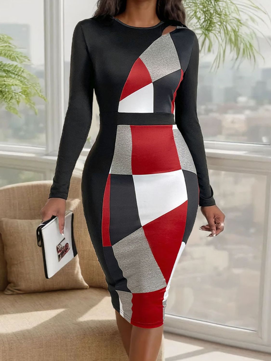 Robe à manches longues et col rond avec blocs de couleurs découpés