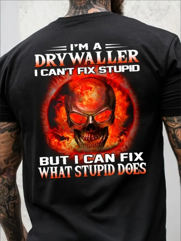 Drywaller Humor Graphic T-Shirt, Casual Crew Neck, Short Sleeve, Regular Fit, Slight Stretch, With Digital Print, For Adults, All-Season Knit Fabric Pullover