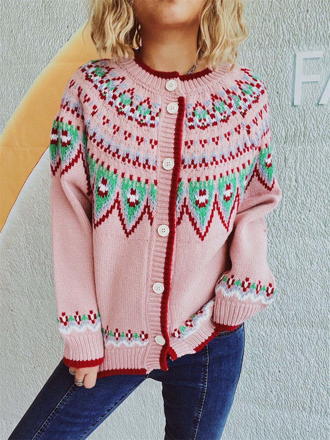 Cardigan à manches longues et col rond à motif géométrique contrasté