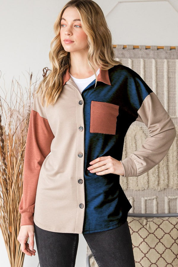Chemise boutonnée Heimish à blocs de couleurs pleine grandeur