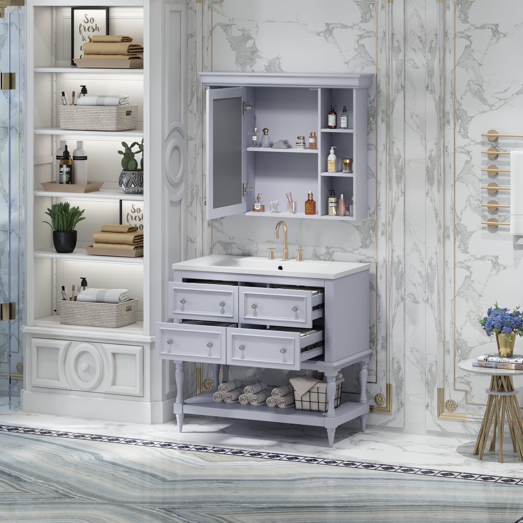 Meuble-lavabo de salle de bain 36'' avec armoire à pharmacie, armoire à miroir moderne avec étagère réglable, meuble de rangement de salle de bain avec 4 tiroirs
