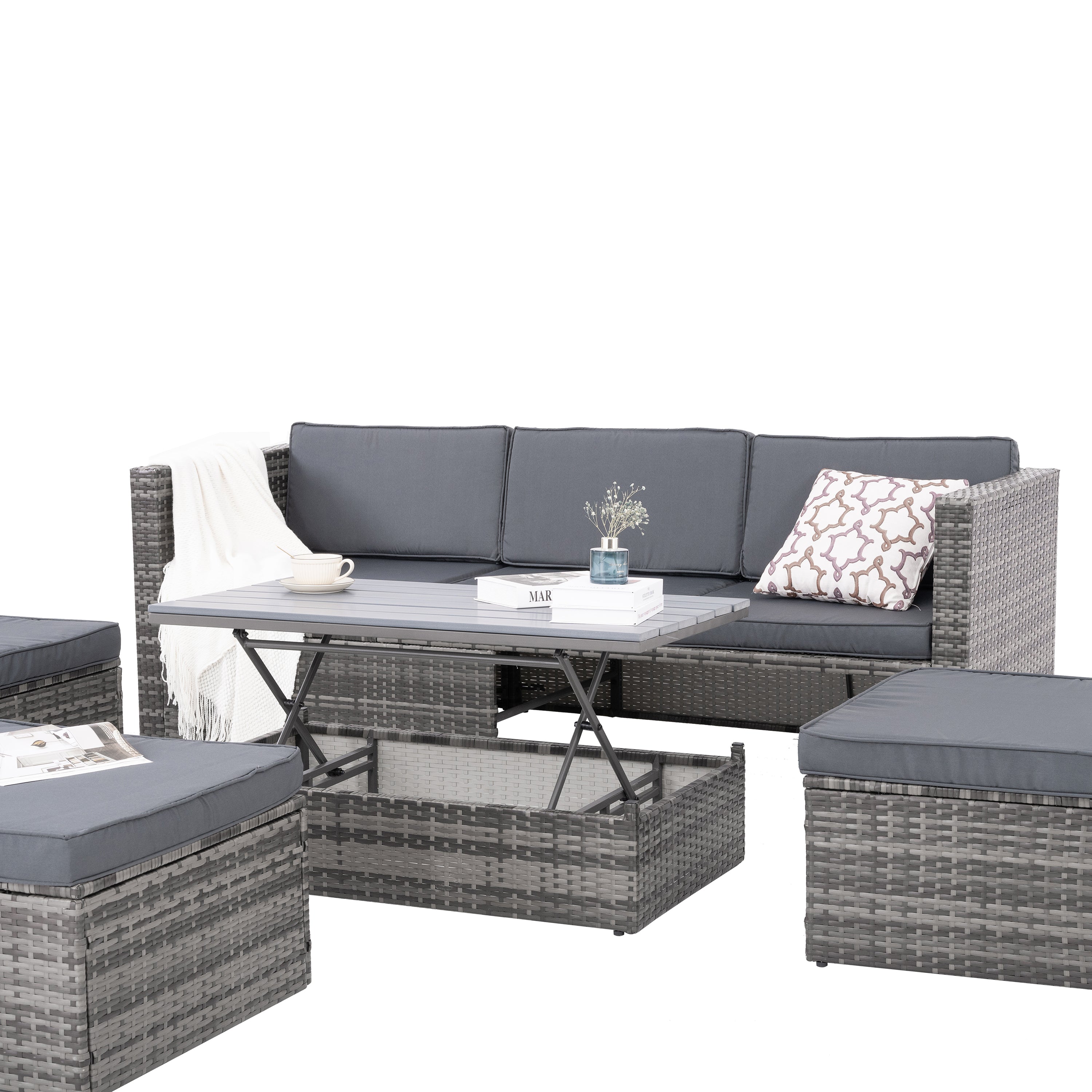 Mobilier de jardin, mobilier d'extérieur, mobilier saisonnier en osier PE, ensemble de 5 meubles en osier avec table basse en contreplaqué