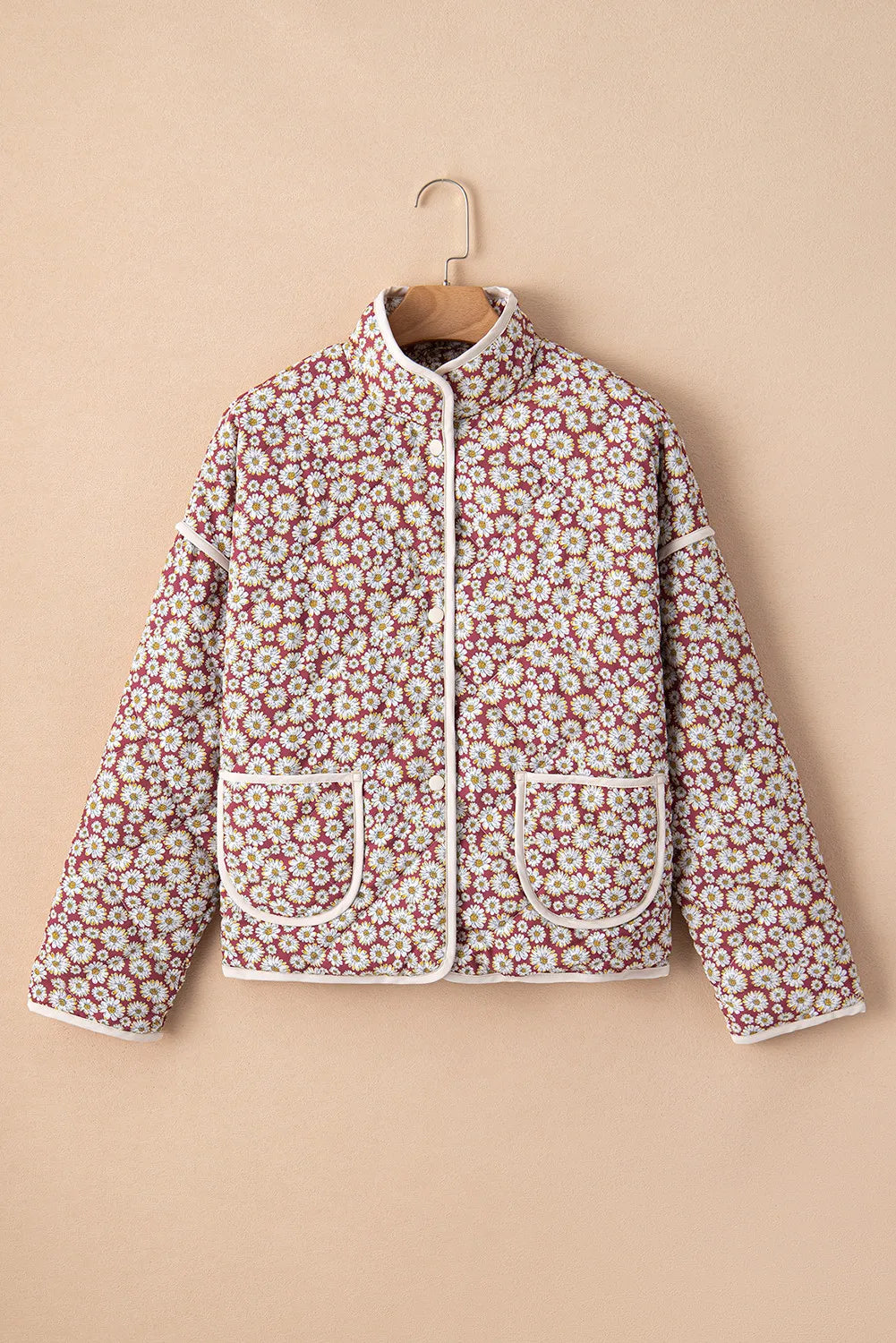 Manteau à col montant et boutons-pression à fleurs