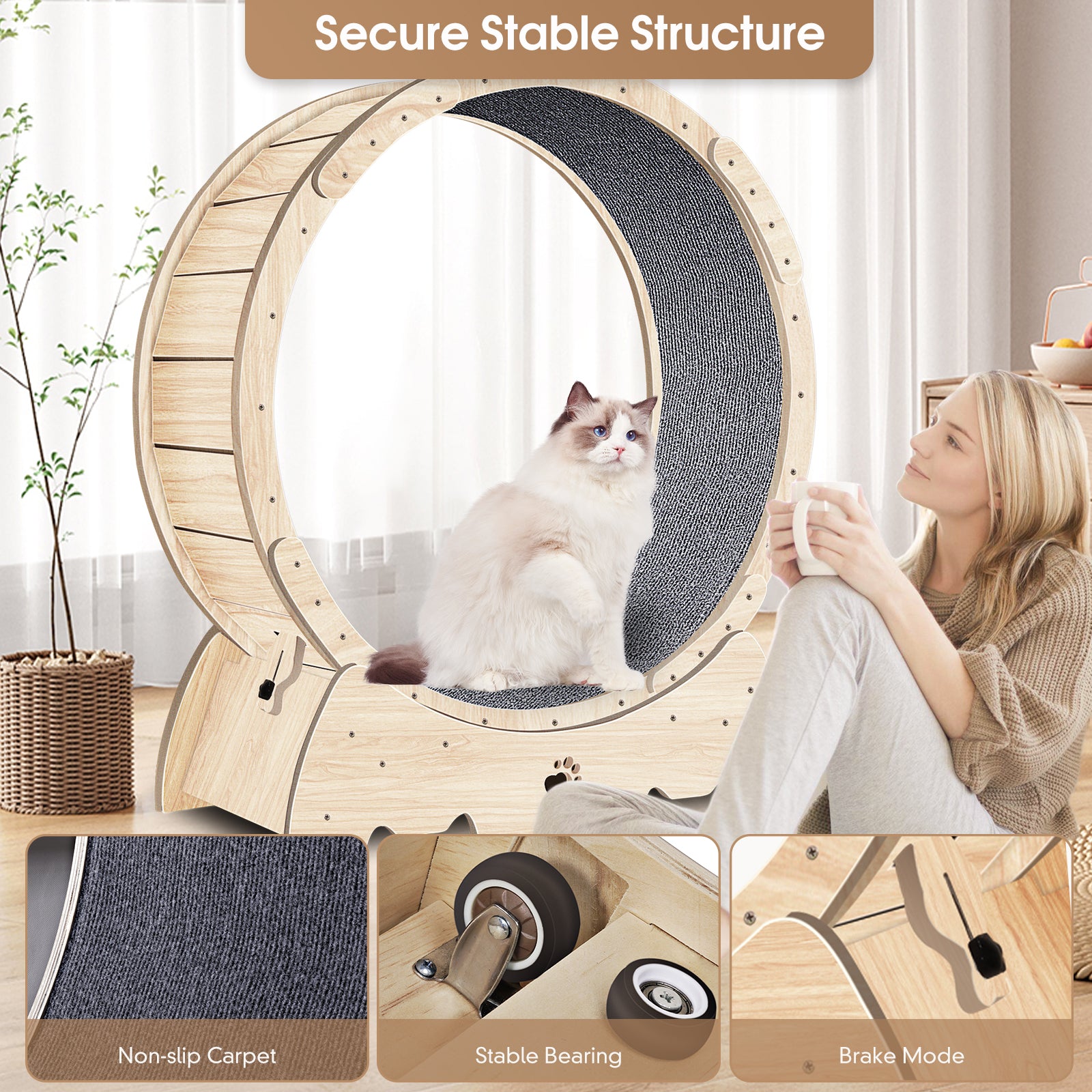 Roue d'exercice pour chats d'intérieur, roue de course pour chats avec tapis, 94 cm, couleur bois naturel