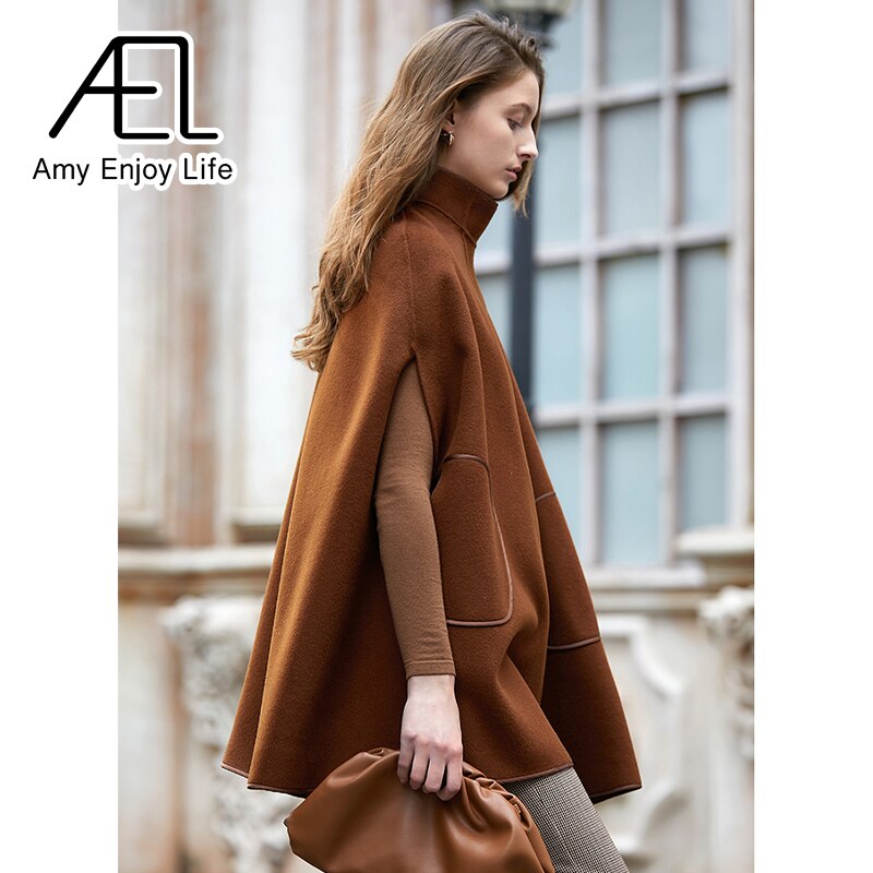 Manteau d'hiver en laine AEL pour femme, poncho chaud, cape, manteau long, vêtement d'extérieur, châle décontracté