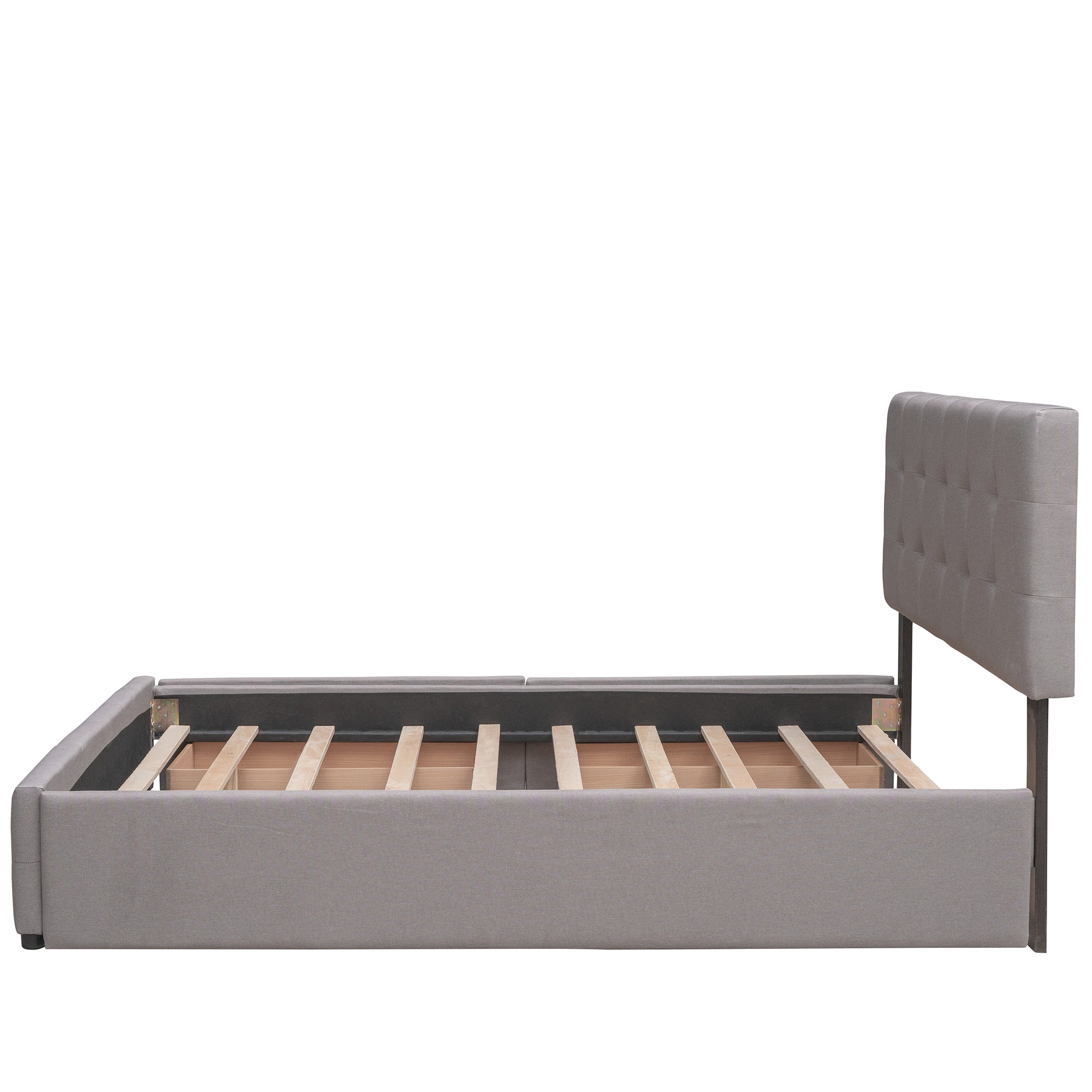 Lit plateforme rembourré avec 2 tiroirs et 1 lit gigogne simple XL en tissu lin, taille Queen - Gris clair
