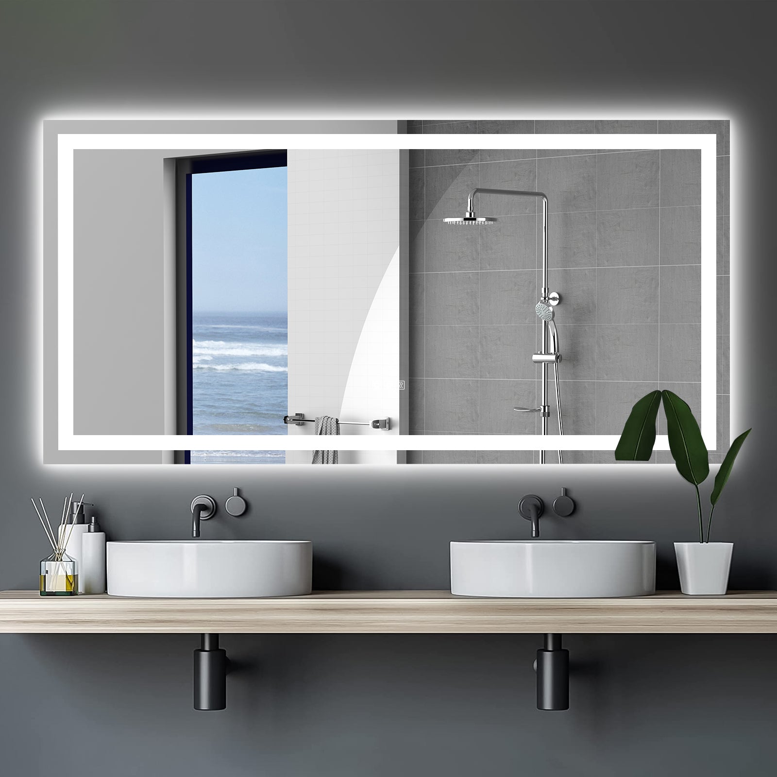 Miroir de salle de bain à LED 72 x 36 pouces avec éclairage, antibuée et variateur d'intensité. Miroir de salle de bain à LED