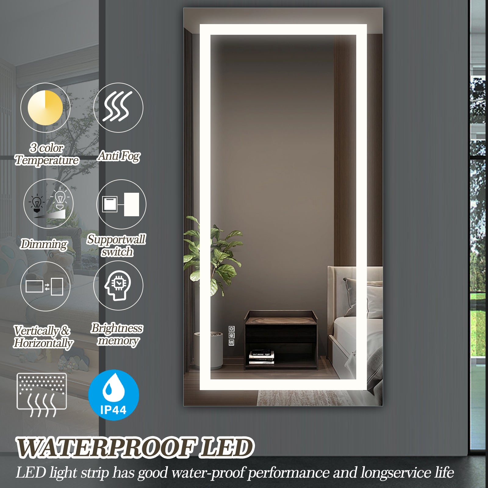 Miroir de salle de bain à LED 72 x 36 pouces avec éclairage, antibuée et variateur d'intensité. Miroir de salle de bain à LED
