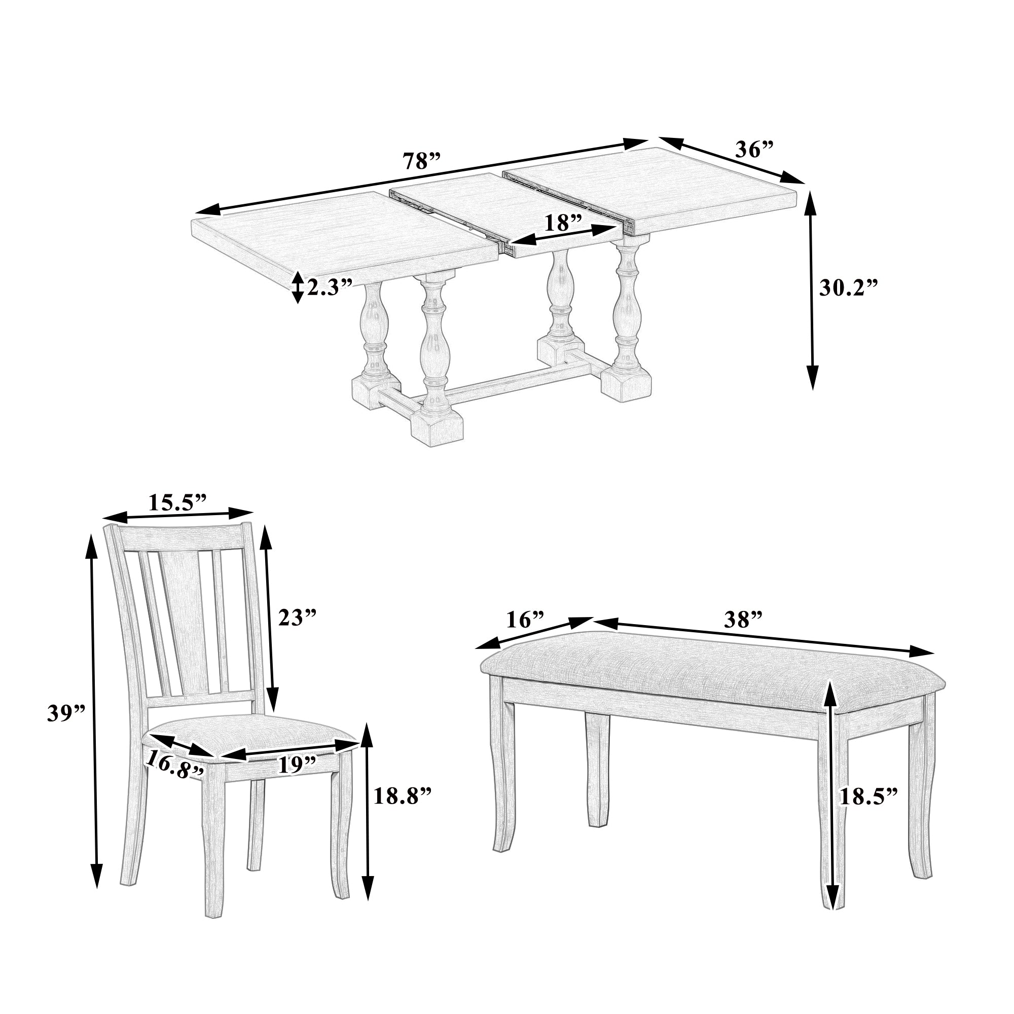 Ensemble de table à manger extensible traditionnelle à tréteaux de 6 pièces de 78 pouces avec rallonge amovible de 18 pouces, blanc vieilli