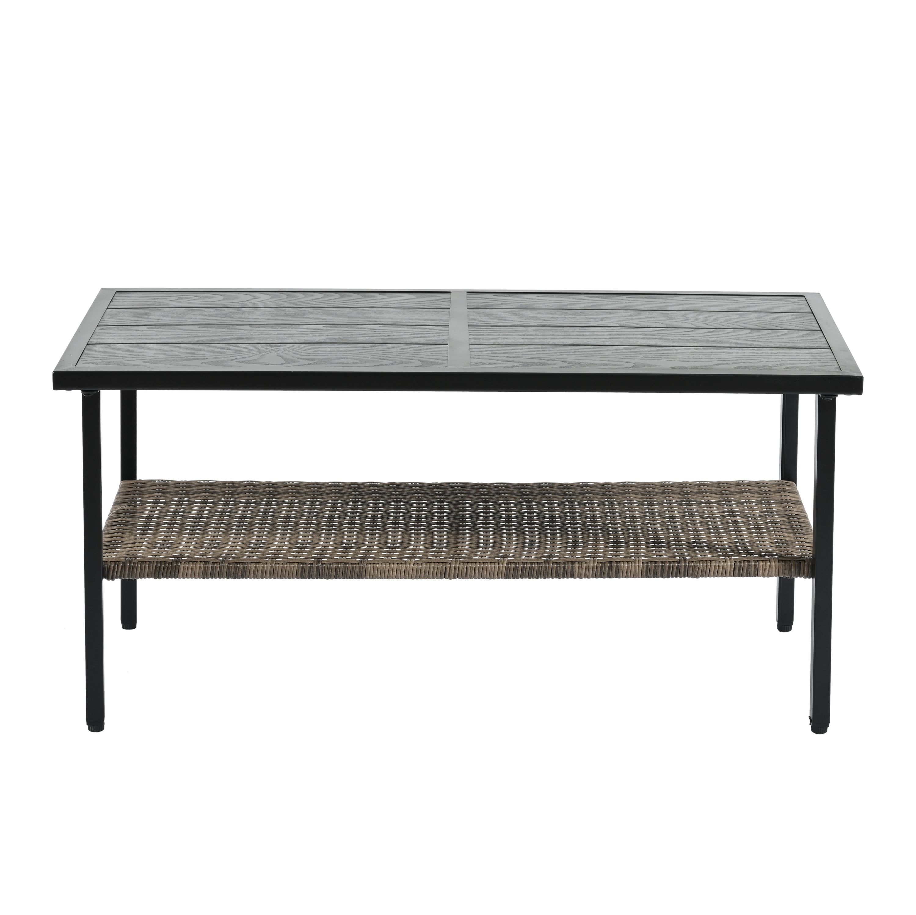 Mobilier de jardin, mobilier d'extérieur, mobilier saisonnier en osier PE, ensemble de quatre meubles en osier avec table en métal noir