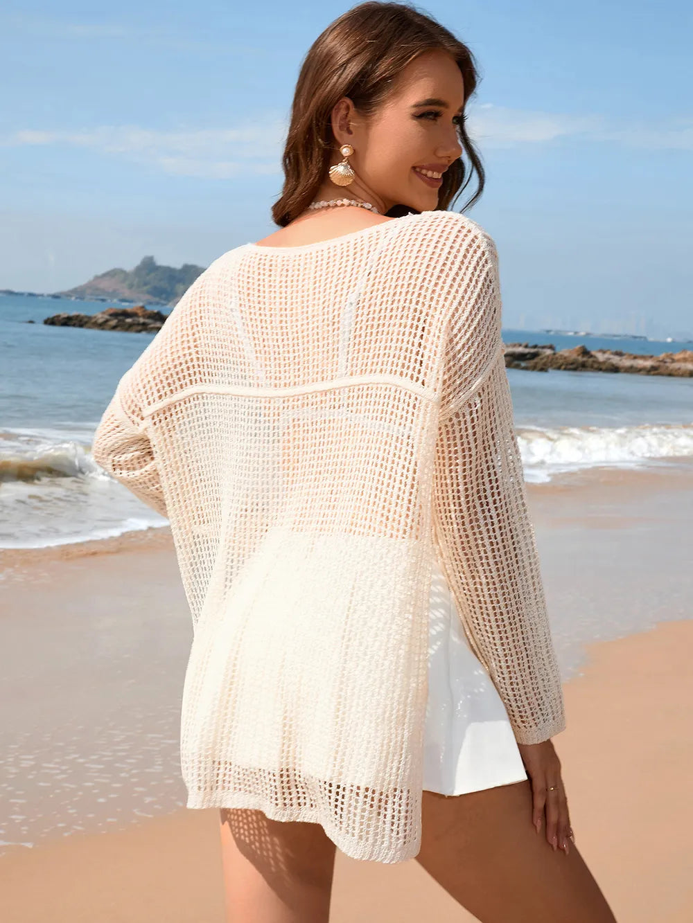 Solid color long sleeved knitted fashionable vacation bikini beach cover shirt