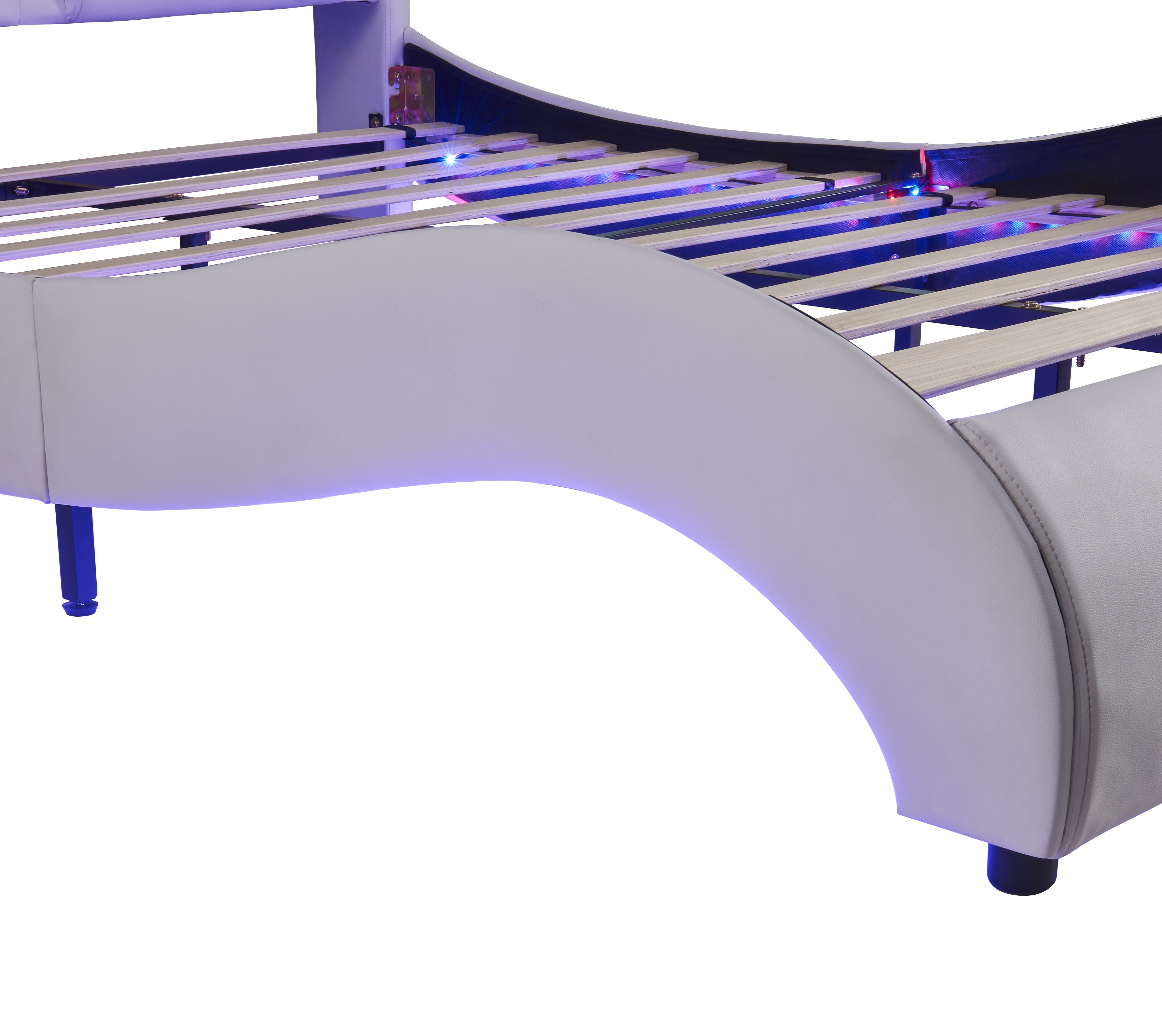 Lit plateforme rembourré en similicuir avec éclairage LED et cadre de lit à lattes - Blanc