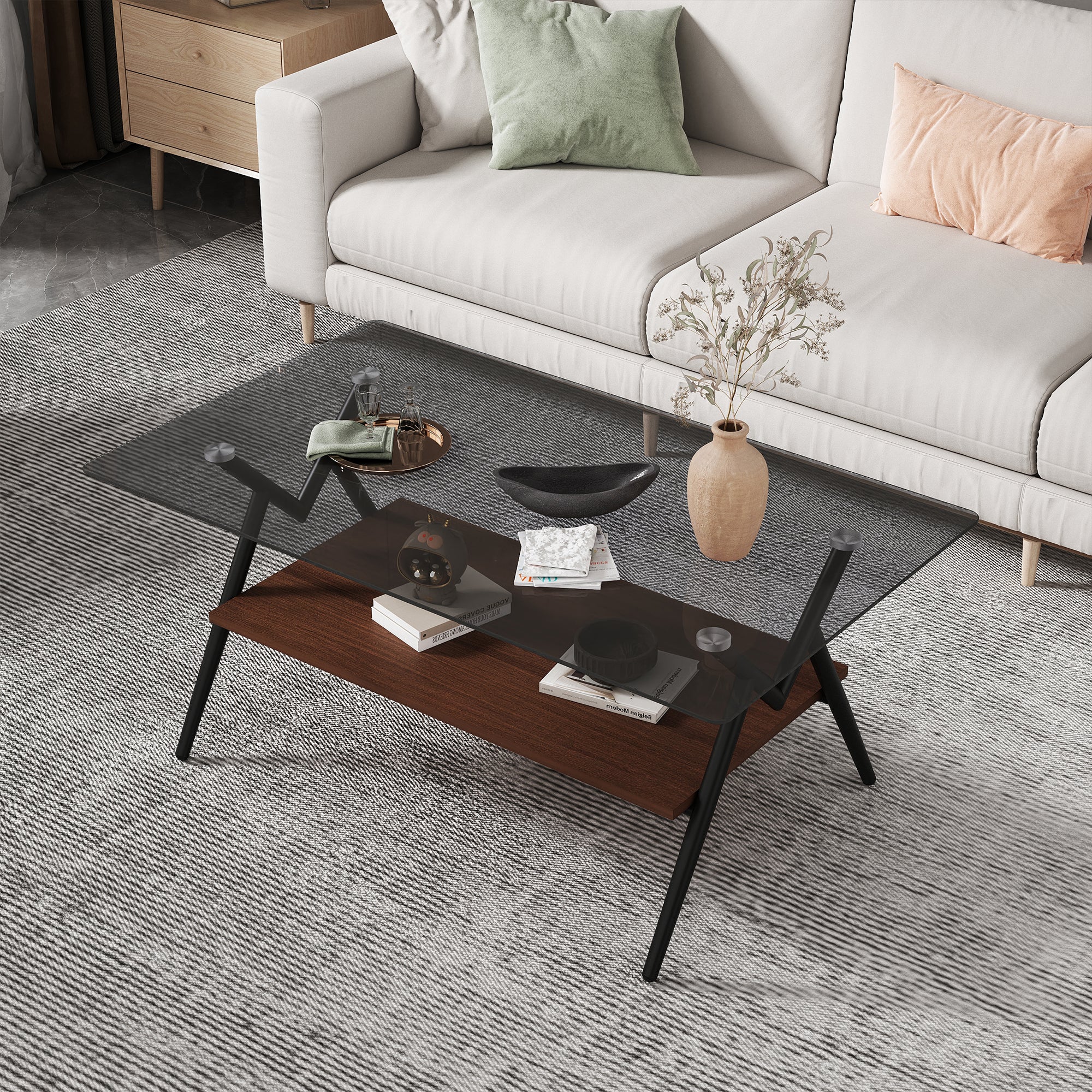 Table basse rectangulaire avec plateau en verre trempé et étagère en MDF marron, table moderne pour salon, verre gris