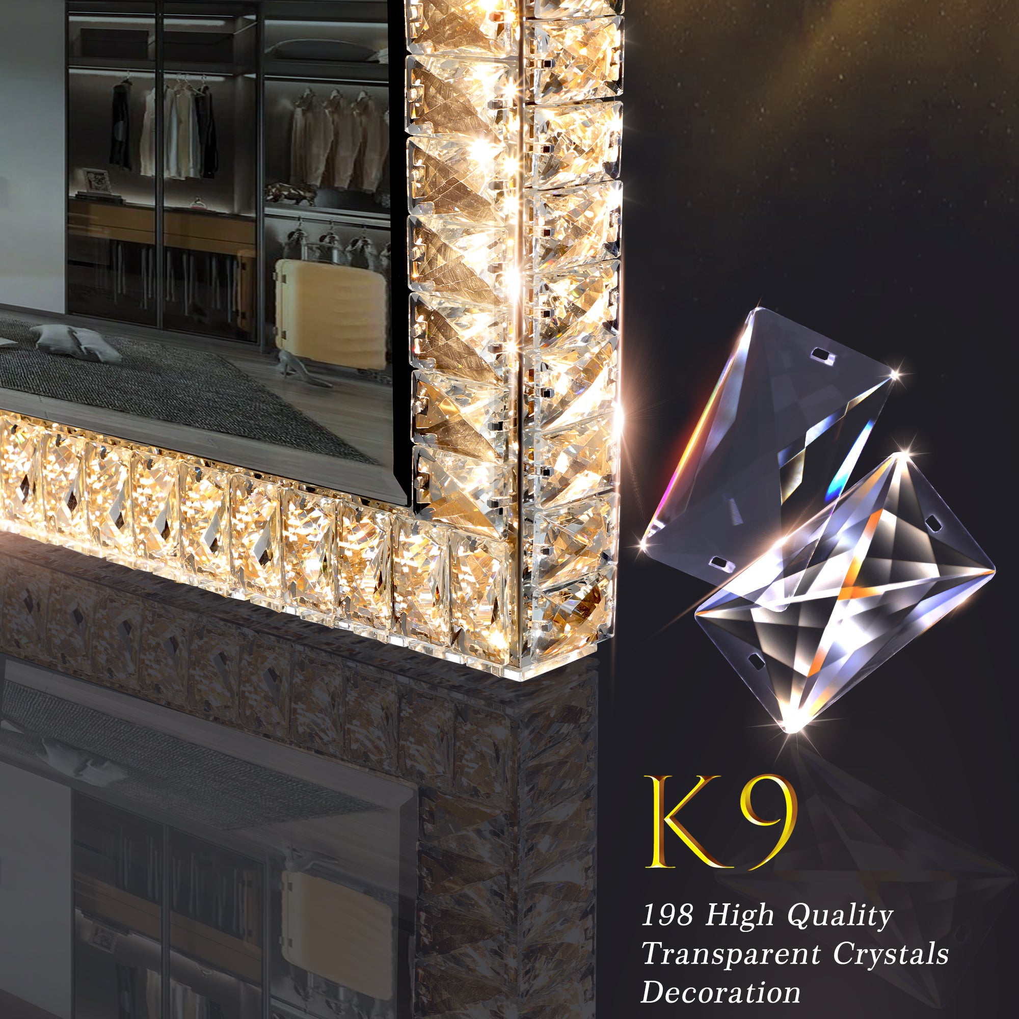 Miroir lumineux LED en cristal avec lumières à intensité variable