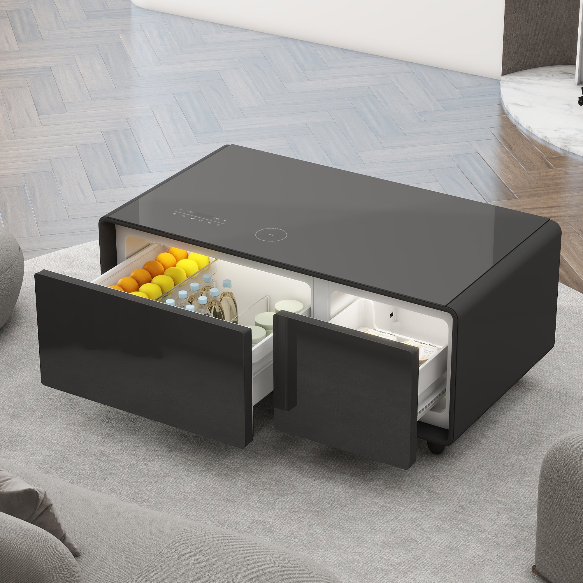 Modern Smart Coffee Table with Built-in Fridge, Bluetooth Speaker, Wireless Charging, Touch Control Panel, USB Interface Black