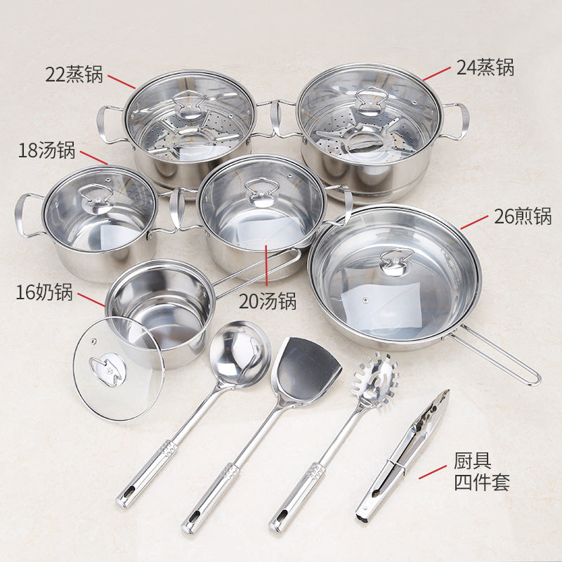 Batterie de cuisine en acier inoxydable de 18 pièces, ensemble de cuisine domestique, ensemble de marmites à soupe 16-26 cm, ensemble de couverts, ensemble de casseroles