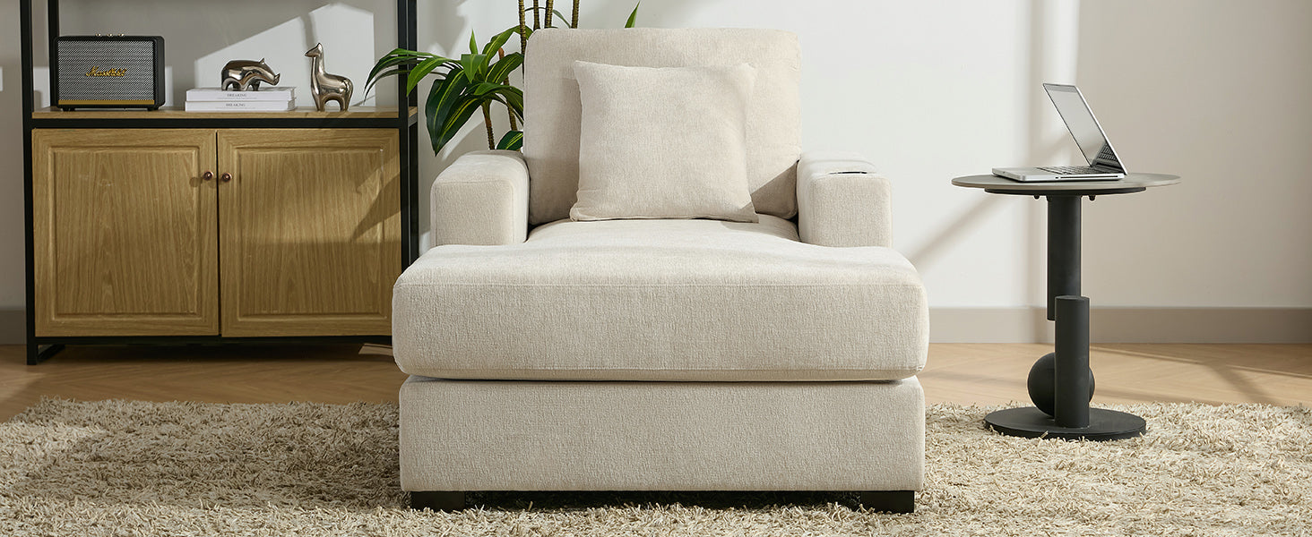 Canapé-lit surdimensionné de 100 cm, style moderne, avec coussins, station de charge et porte-gobelets, tissu chenille, couleur crème