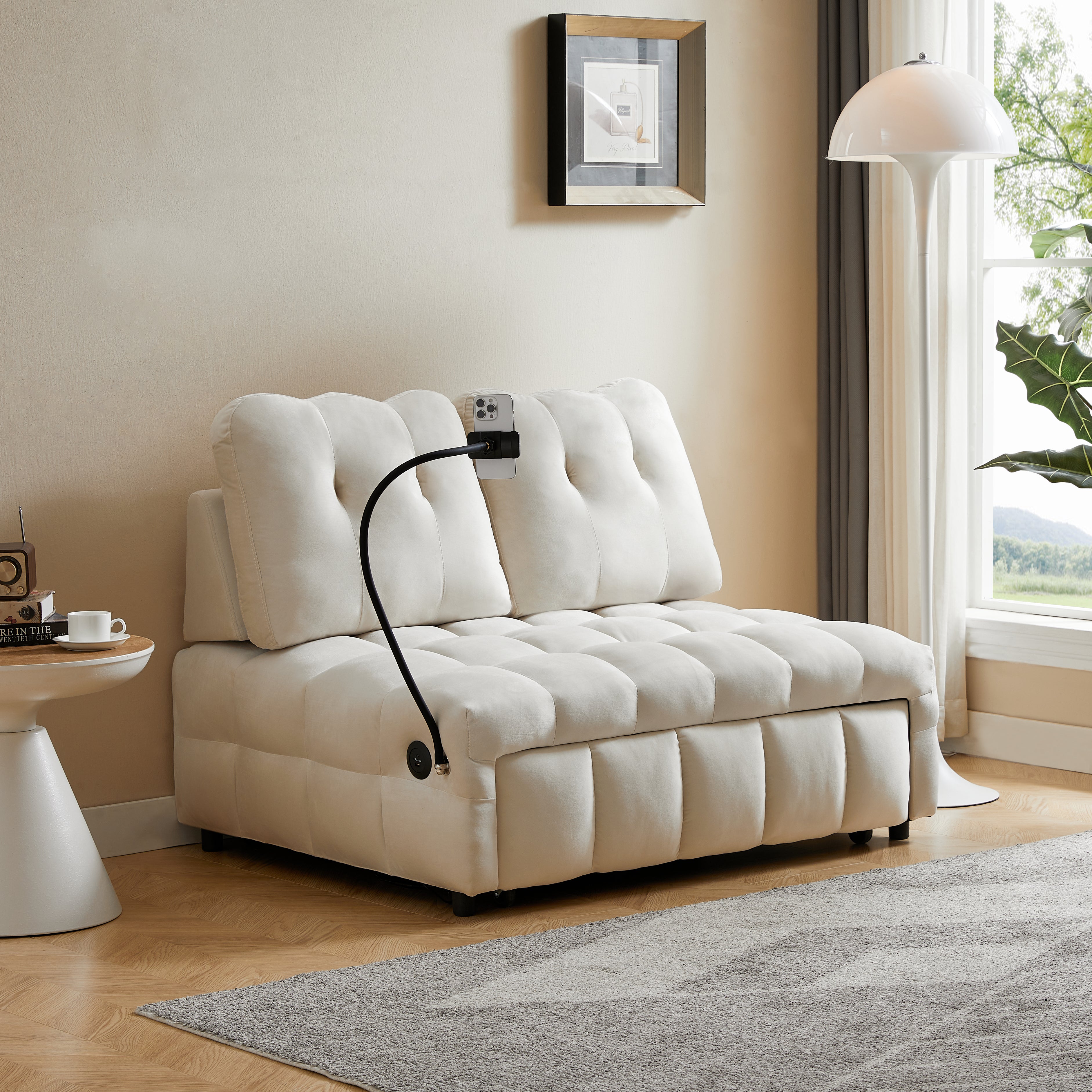 Canapé-lit gigogne moderne en velours, dossier amovible indépendamment, avec port USB et support de téléphone pivotant, beige