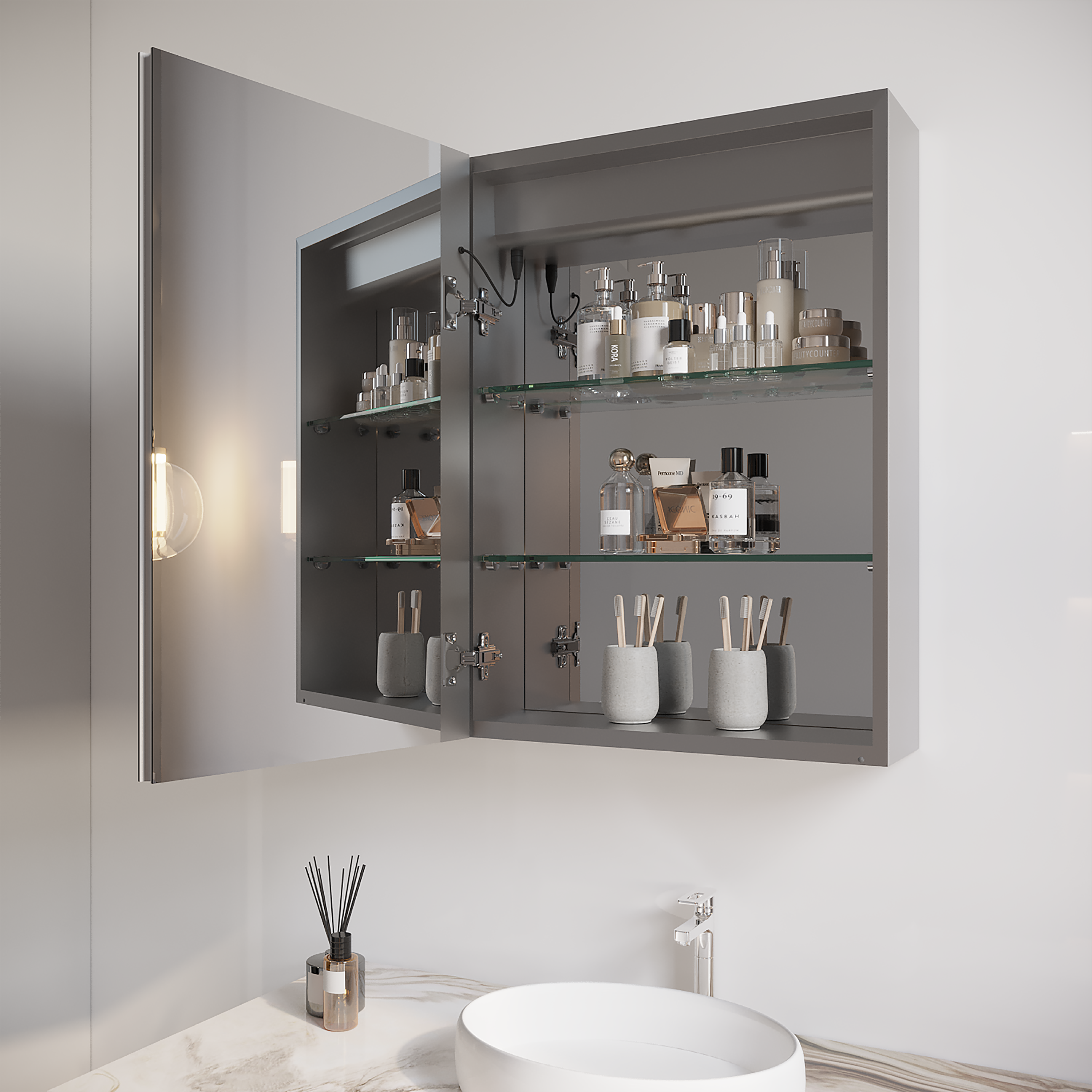 Armoire à pharmacie de salle de bain 26x20 pouces (porte gauche) avec miroir LED 3000K ~ 6000K éclairage à porte simple armoire de salle de bain avec interrupteur tactile réglable