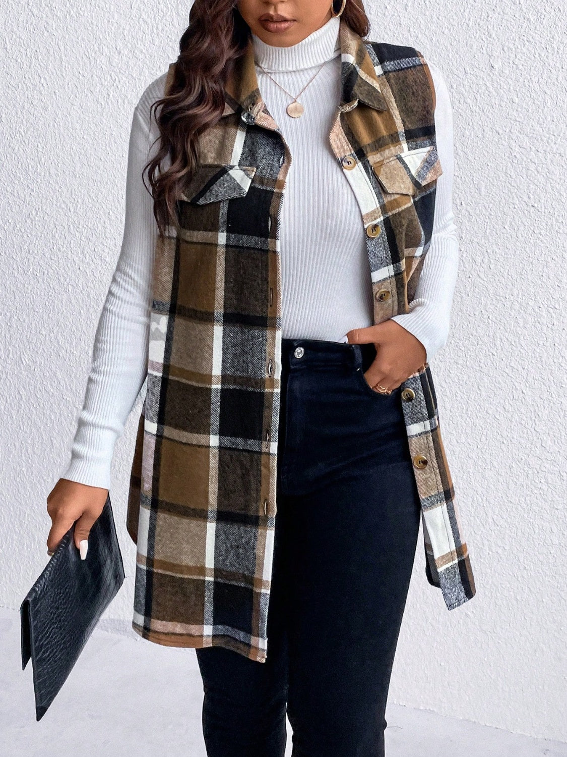 Manteau sans manches boutonné à carreaux et poches Honey grande taille