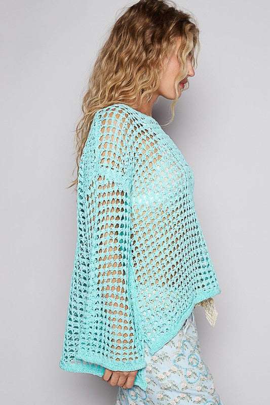 Cache-maillot en tricot ajouré à manches longues et fente latérale POL