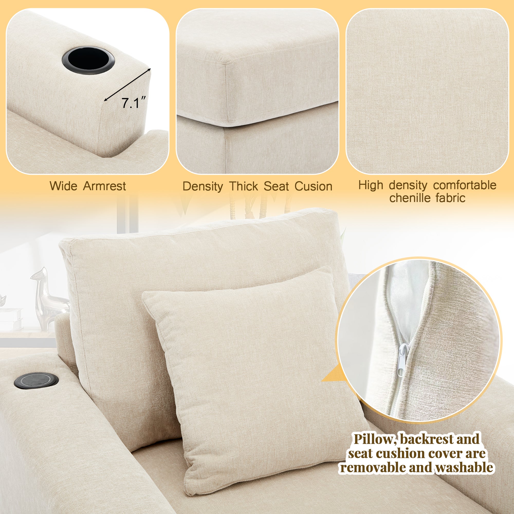 Canapé-lit surdimensionné de 100 cm, style moderne, avec coussins, station de charge et porte-gobelets, tissu chenille, couleur crème